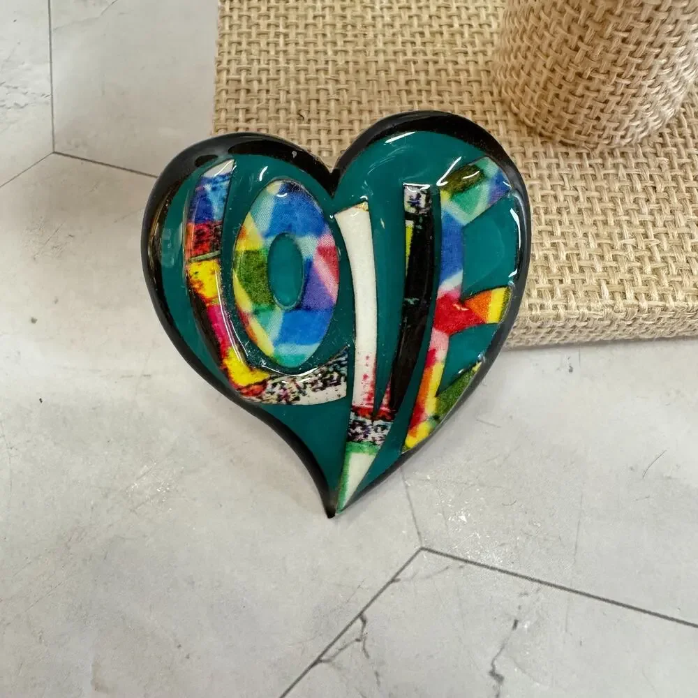 Vintage Lucinda Heart Brooch LOVE Colorful Artistan Resin Pin Rare Numbered